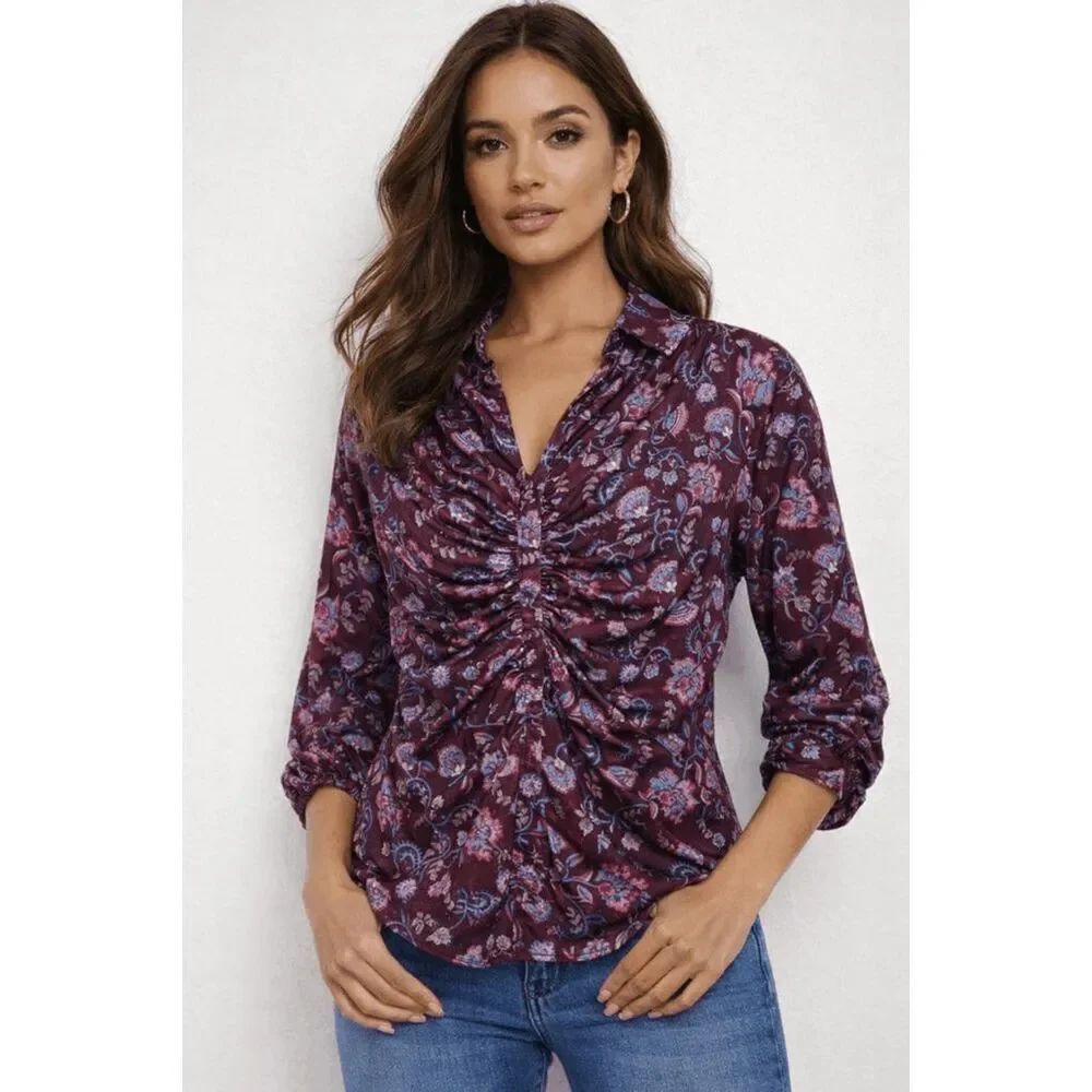 NY Collection Women's Petite 3/4 Roll Tab Rouched-Front Top Floral PS
